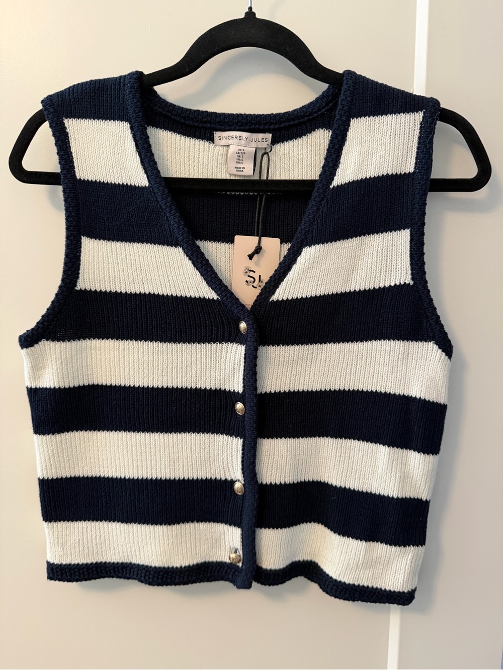 Sincerly Jules Navy and White Striped V-Neck Knit Vest